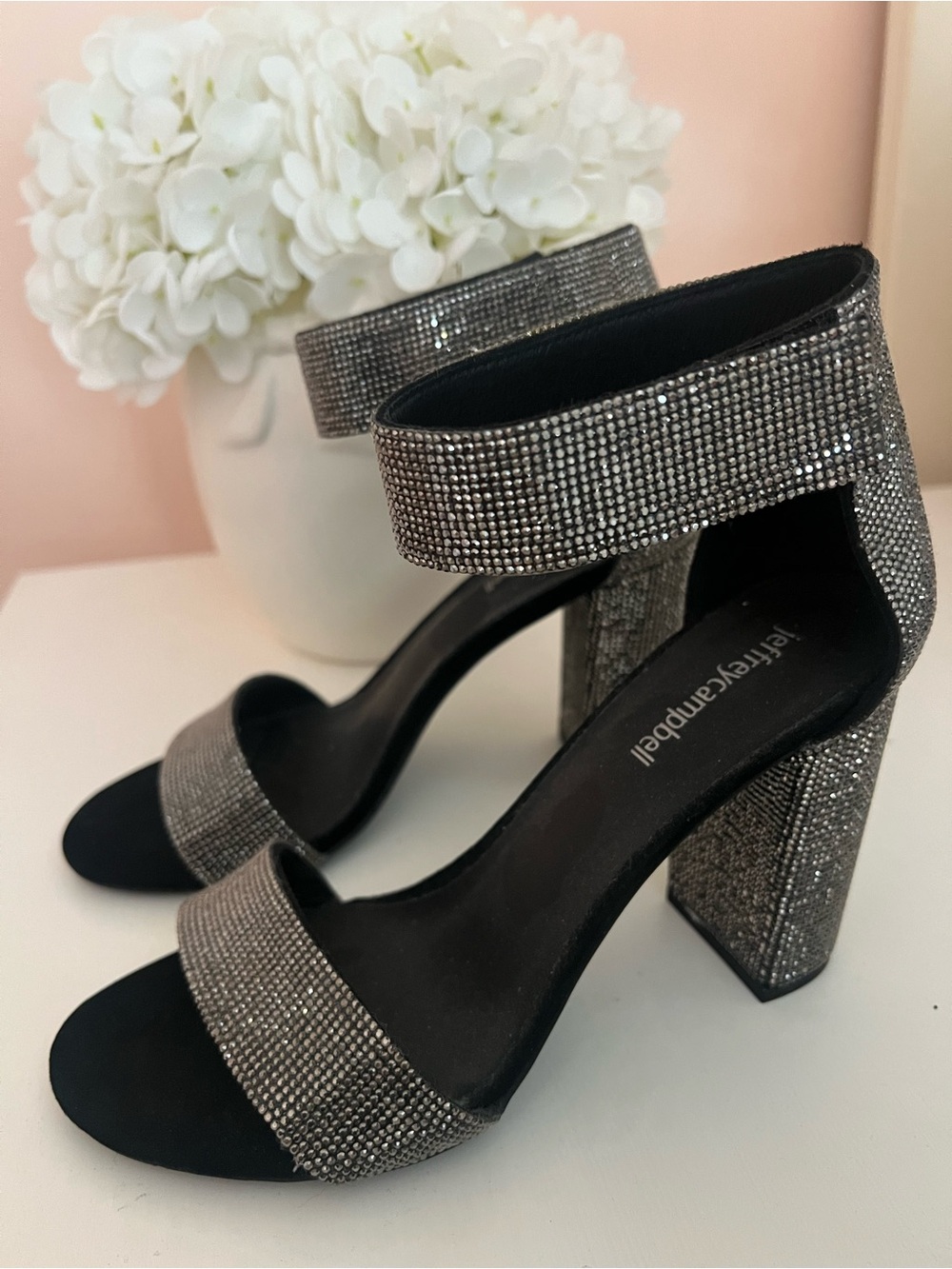 Jeffrey Campbell Rhinestone Block Heel Sandals in Silver
